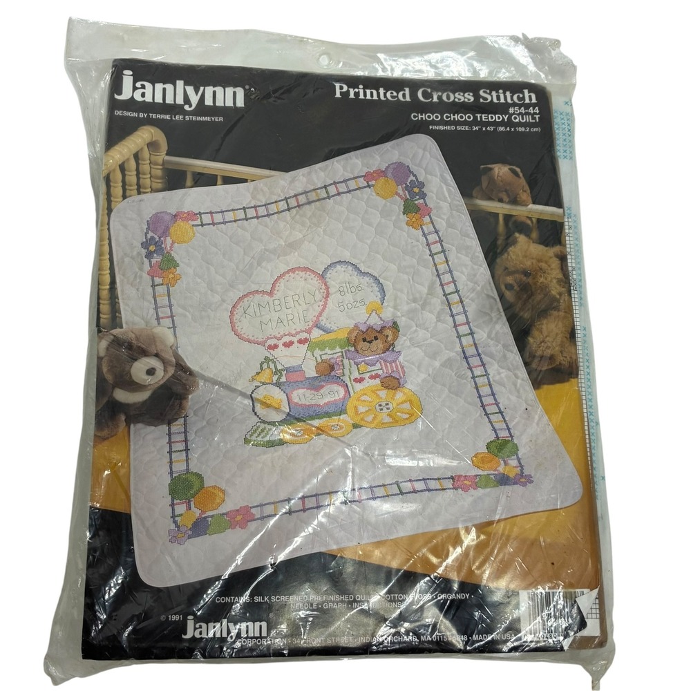 Vintage Cross Stitch Kit White Choo Choo Teddy Quilt Train 54-44 Vintage
